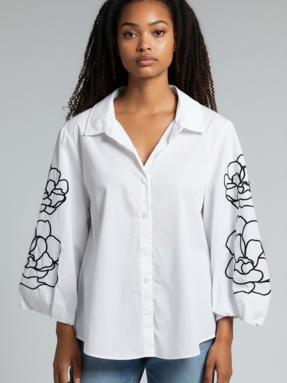 Karl Lagerfeld White Button-Front Shirt with Black Floral Sleeve Embroidery